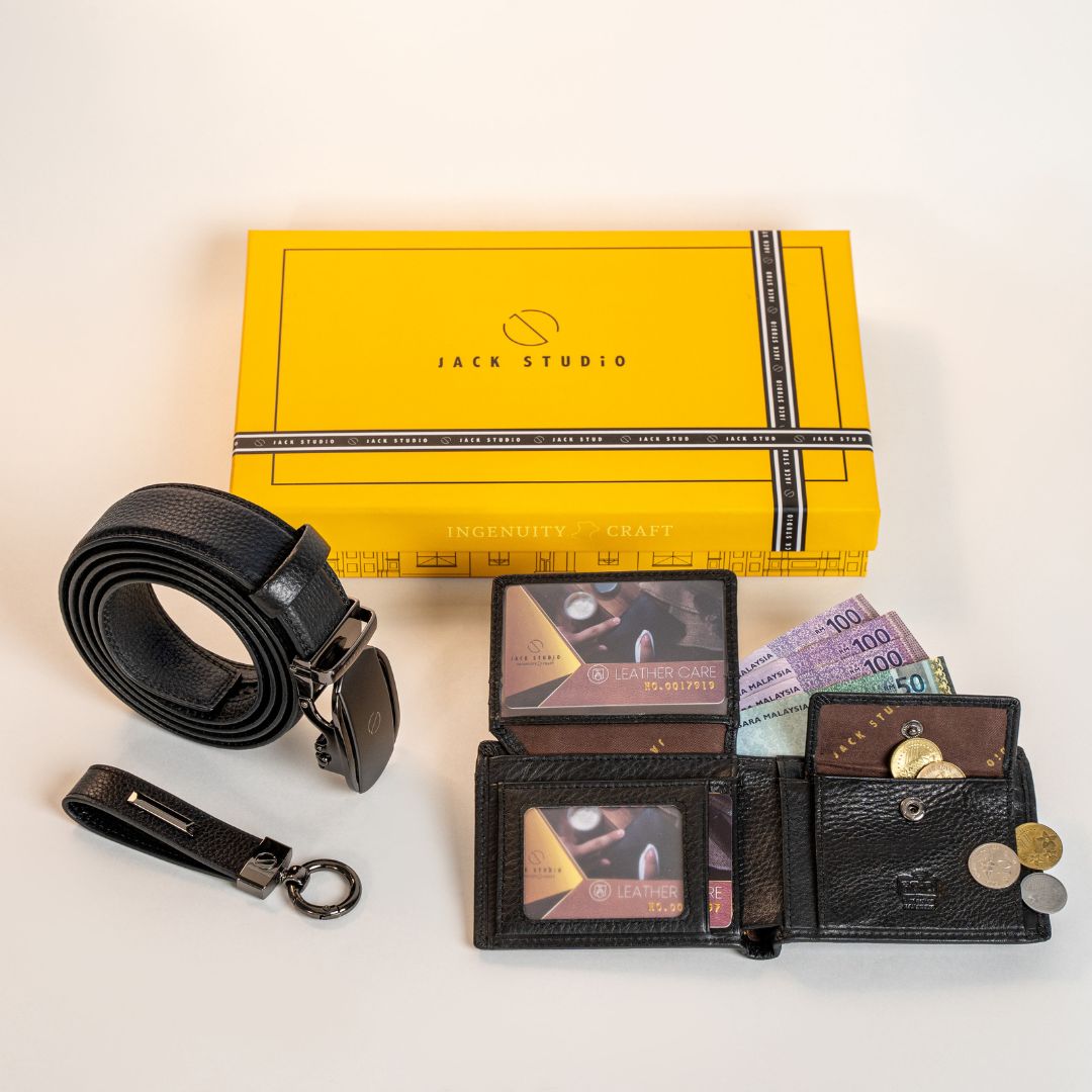 Jack Studio Signature Name Engraving Men's Gift Set Full Grain Leather Wallet & Men Belt & Keychain - JS ROYAL SET