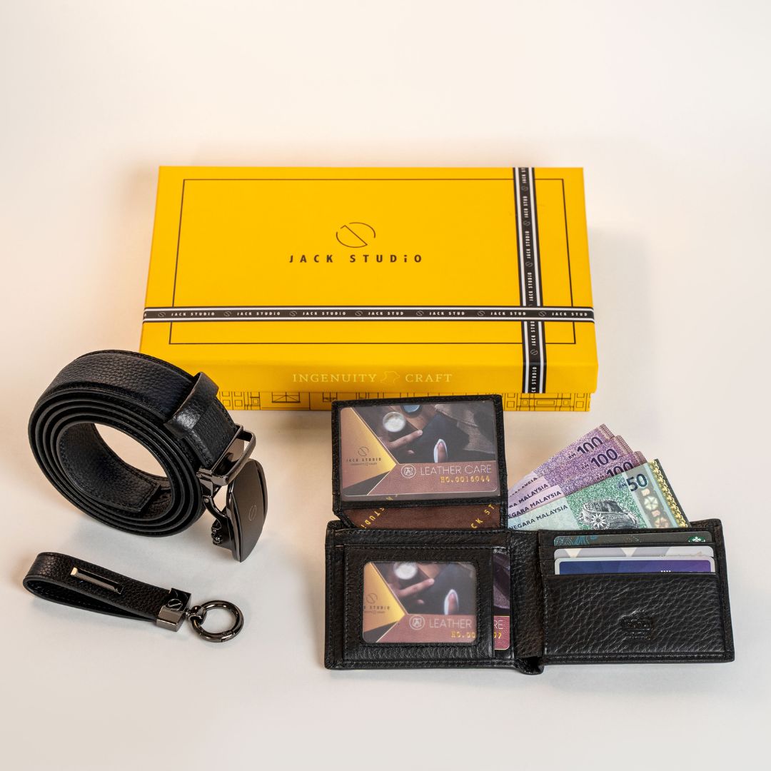 Jack Studio Signature Name Engraving Men's Gift Set Full Grain Leather Wallet & Men Belt & Keychain - JS ROYAL SET
