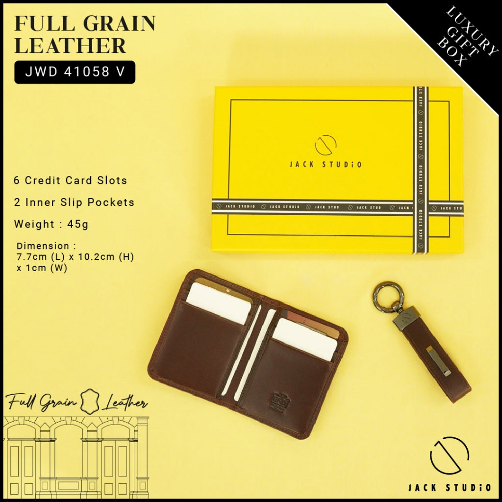 Jack Studio Genuine Cow Leather Men’s 2 Variation Name Engraving Cardholder and Keychain with Gift Box - JS Royal Set 5
