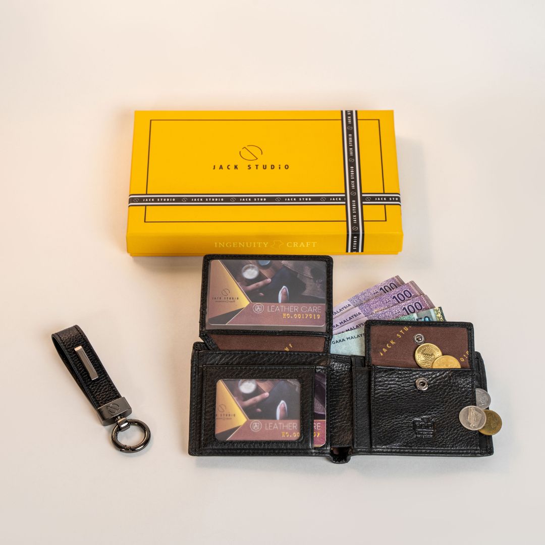 Jack Studio Signature Name Engraving Men's Gift Set Full Grain Leather Wallet & Men Belt & Keychain - JS ROYAL SET