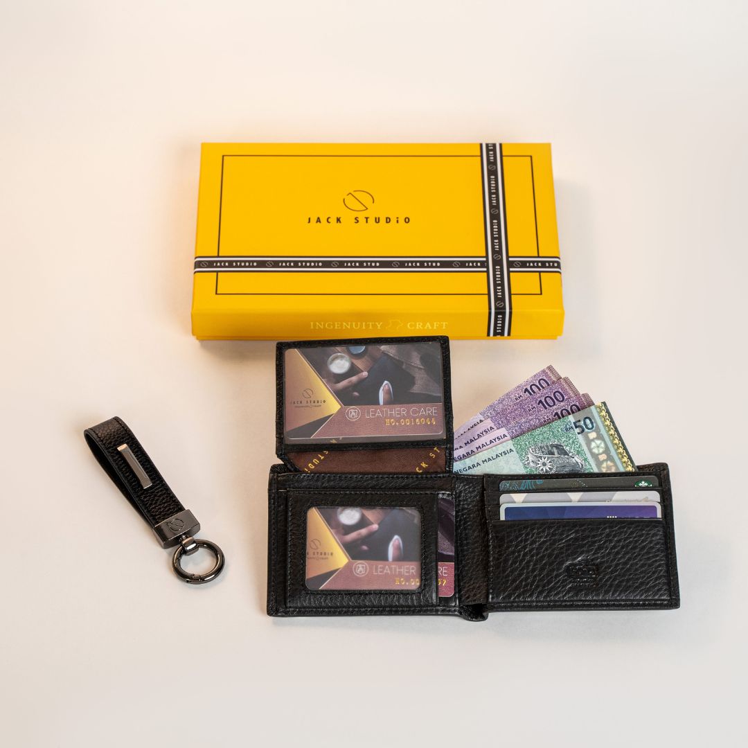 Jack Studio Signature Name Engraving Men's Gift Set Full Grain Leather Wallet & Men Belt & Keychain - JS ROYAL SET