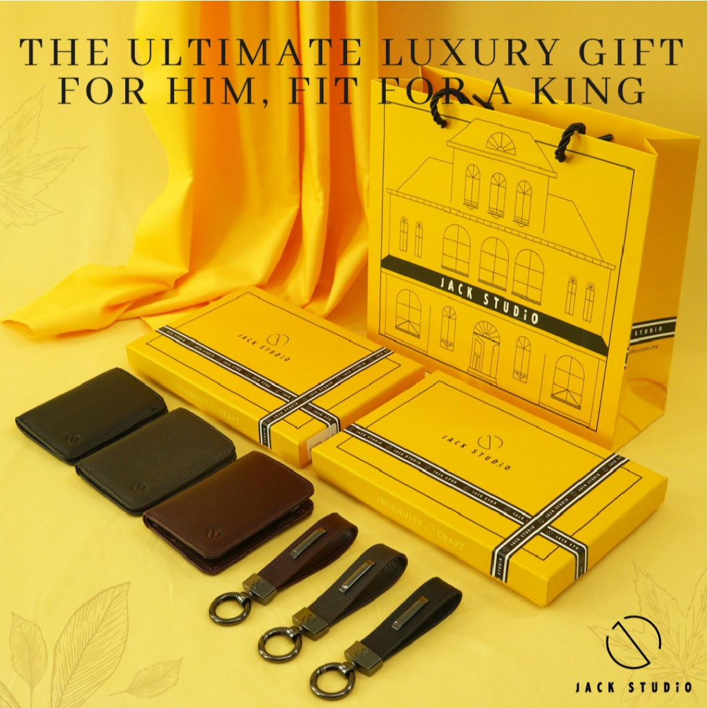 Jack Studio Genuine Cow Leather Men’s 2 Variation Name Engraving Cardholder and Keychain with Gift Box - JS Royal Set 5