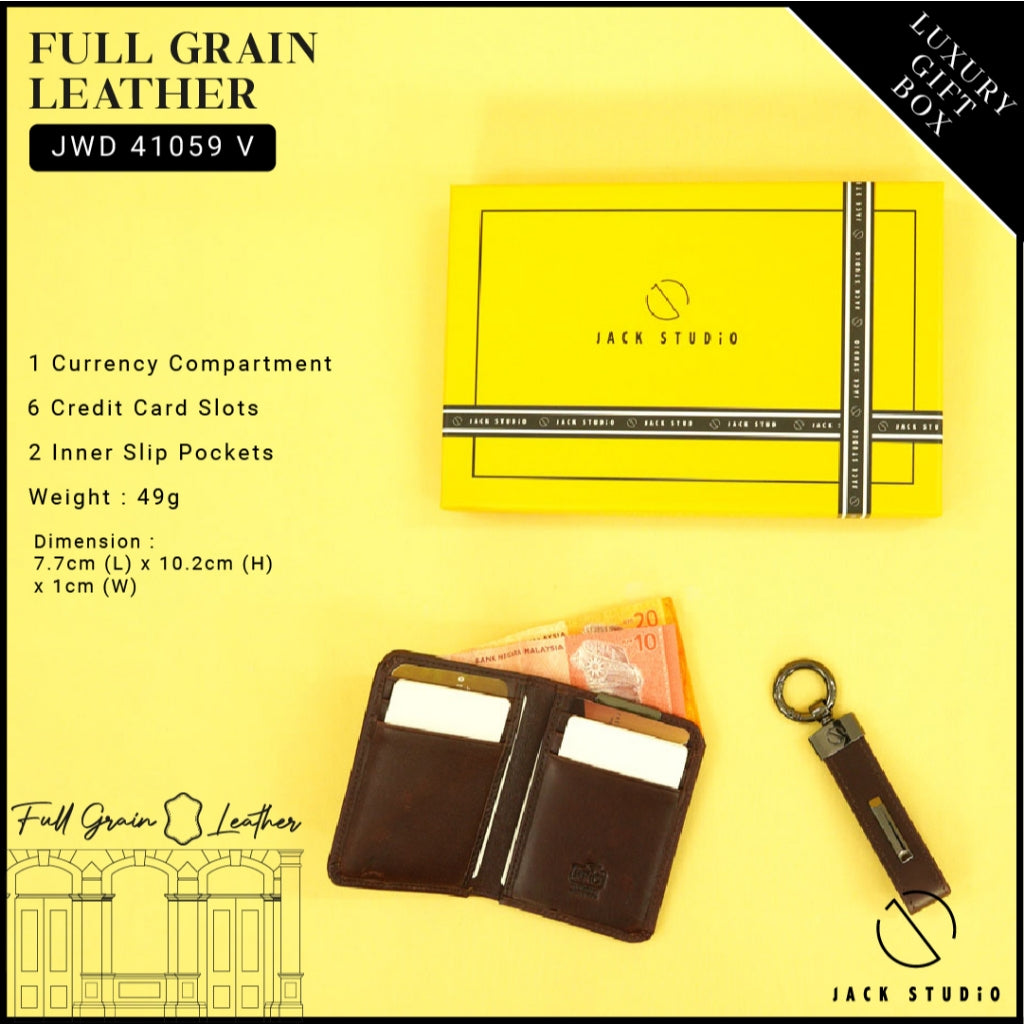 Jack Studio Genuine Cow Leather Men’s 2 Variation Name Engraving Cardholder and Keychain with Gift Box - JS Royal Set 5