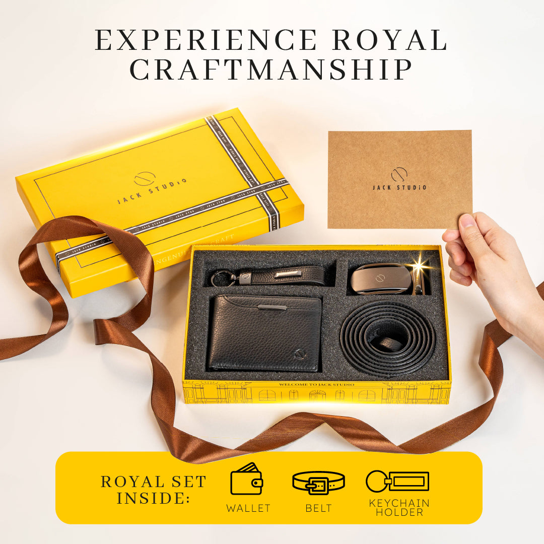Jack Studio Signature Name Engraving Men's Gift Set Full Grain Leather Wallet & Men Belt & Keychain - JS ROYAL SET