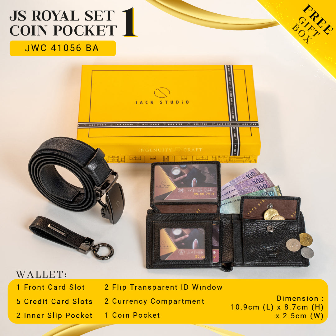 Jack Studio Signature Name Engraving Men's Gift Set Full Grain Leather Wallet & Men Belt & Keychain - JS ROYAL SET