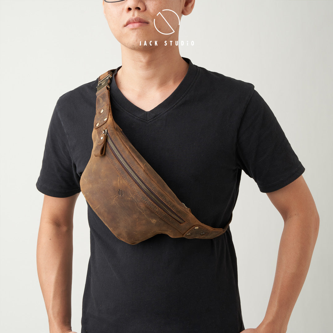 Jack Studio Full Grain Crazy Horse Leather Crossbody Chest Waist Bag - BAC 30834