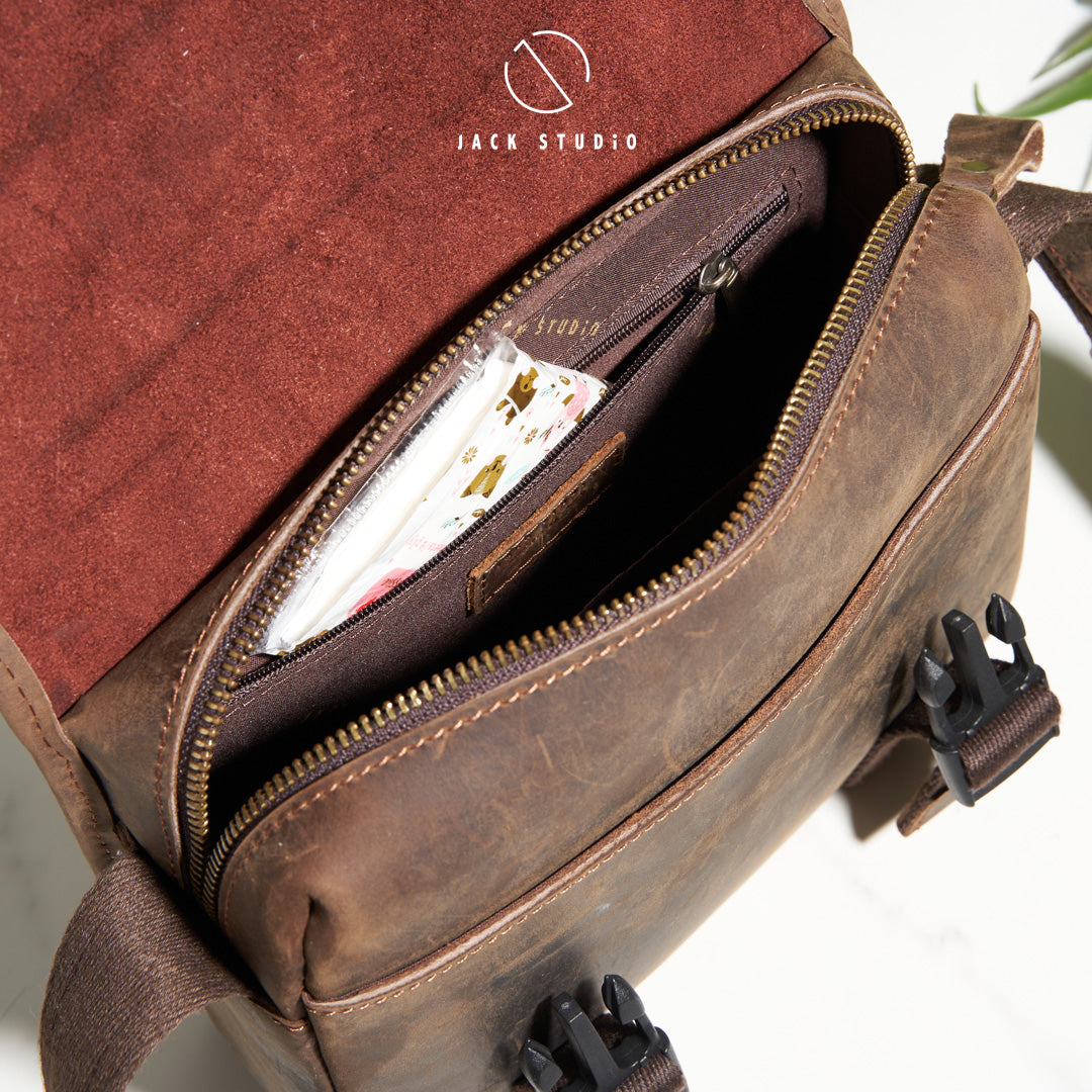 Jack Studio Full Grain Crazy Horse Leather Casual Sling Crossbody Bag With Leather Pouch - BAC 30836