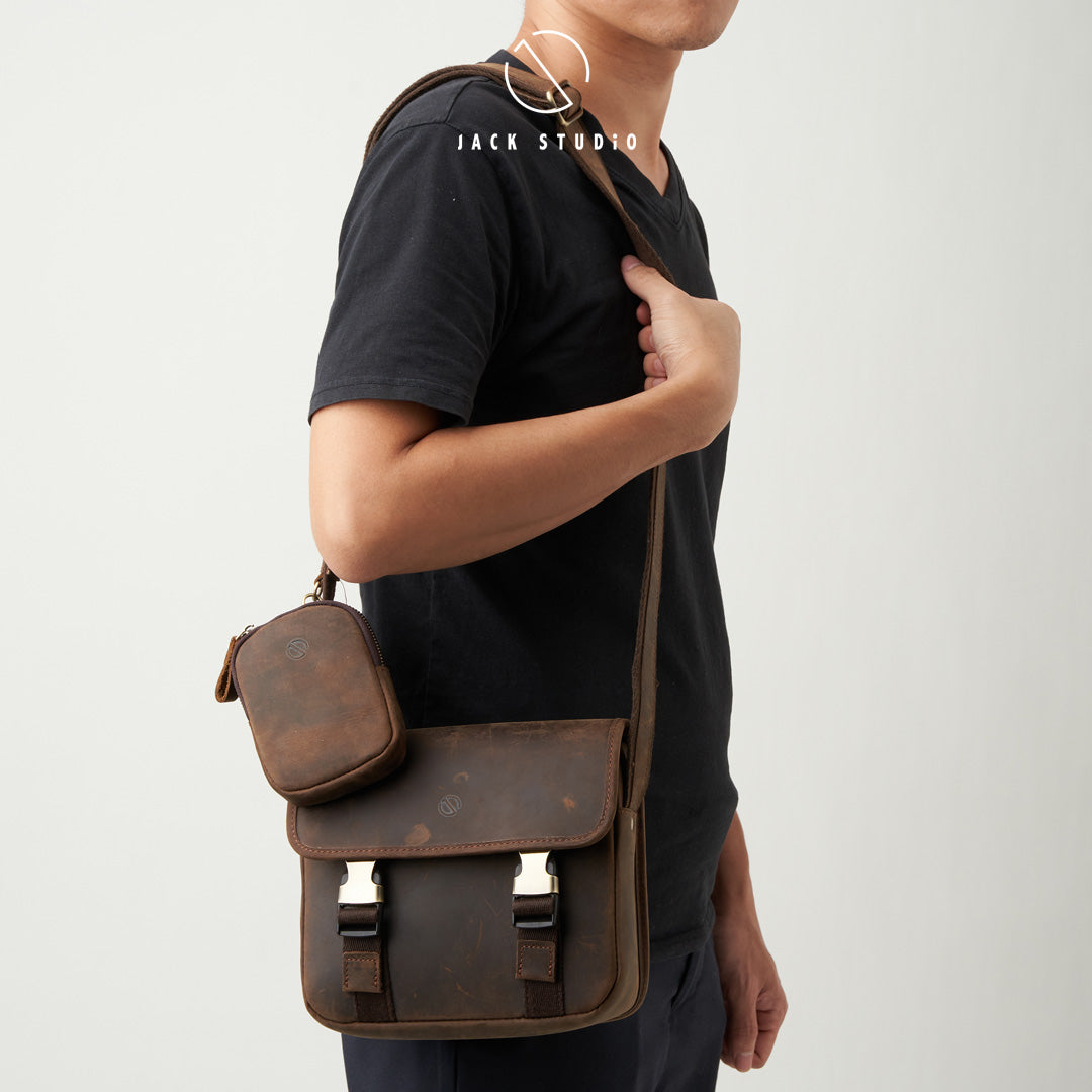 Jack Studio Full Grain Crazy Horse Leather Casual Sling Crossbody Bag With Leather Pouch - BAC 30836