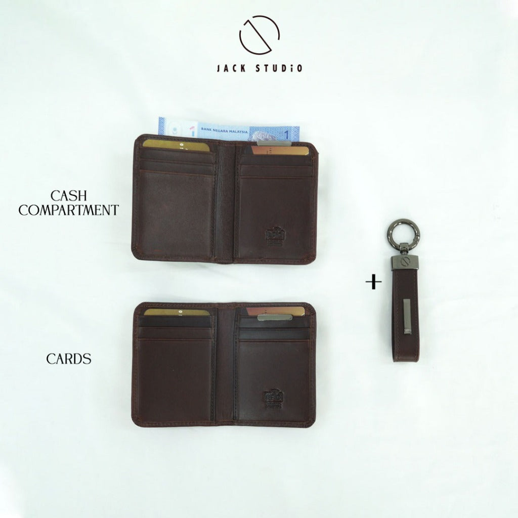 Jack Studio Genuine Cow Leather Men’s 2 Variation Name Engraving Cardholder and Keychain with Gift Box - JS Royal Set 5