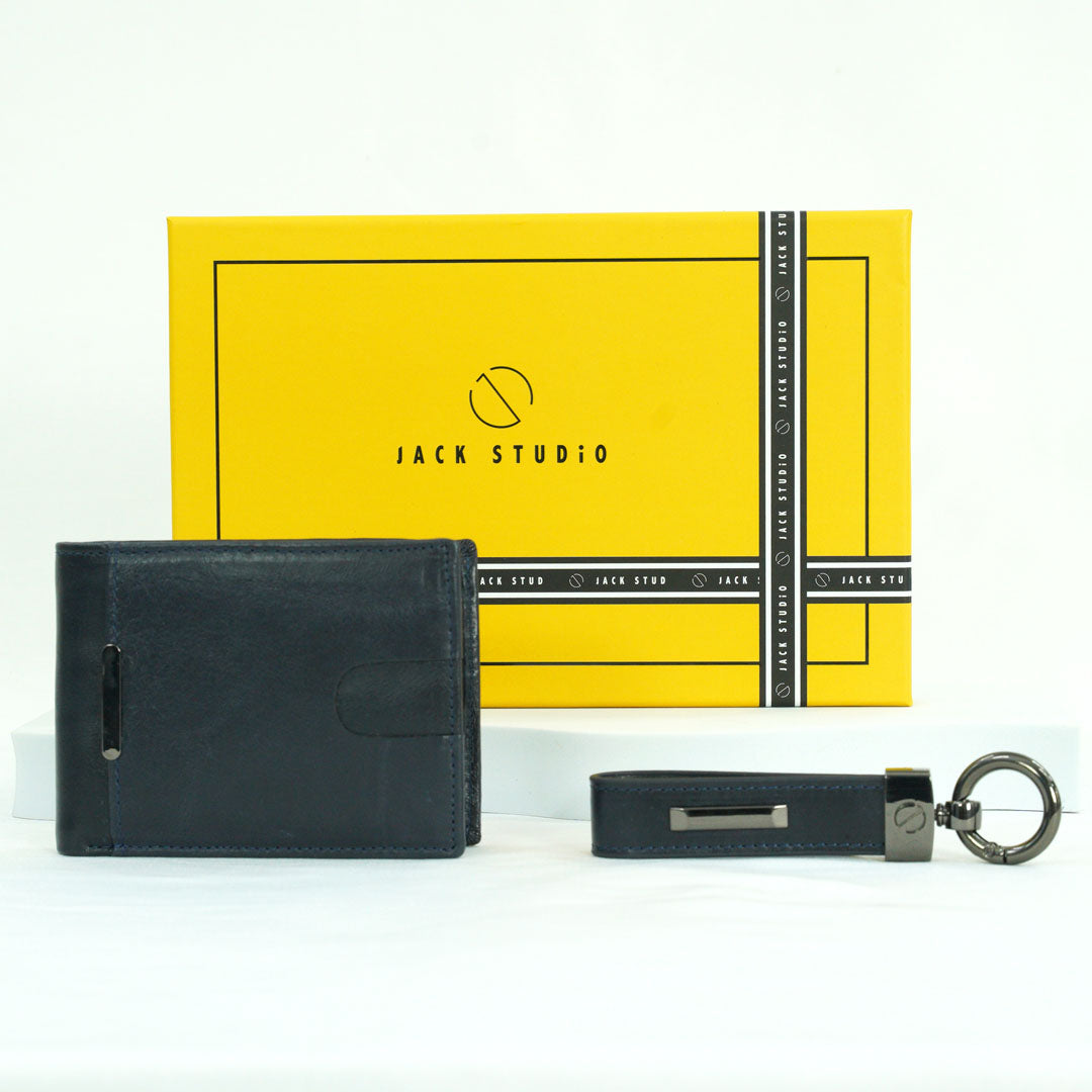 Jack Studio Genuine Cow Leather Men’s Duo Name Engraving Gift Set Box Wallet with Keychain - JS Royal Set 3