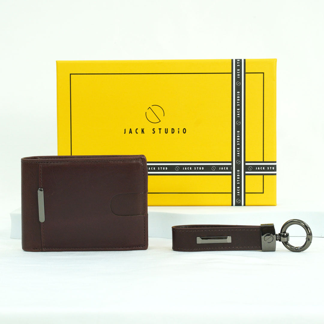 Jack Studio Genuine Cow Leather Men’s Duo Name Engraving Gift Set Box Wallet with Keychain - JS Royal Set 3