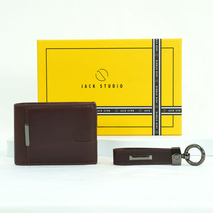 Jack Studio Genuine Cow Leather Men’s Duo Name Engraving Gift Set Box Wallet with Keychain - JS Royal Set 3