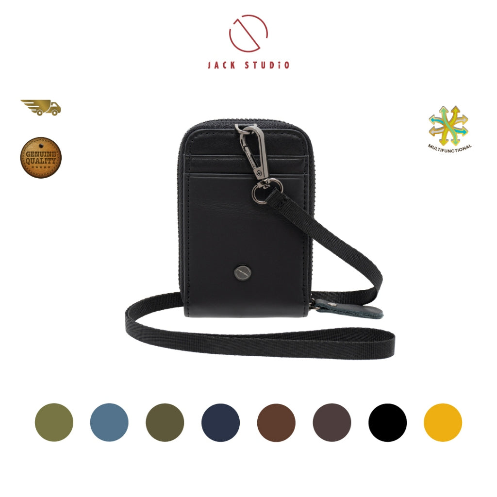 Jack Studio Genuine Cow Leather Card Holder with Round Zipper ID Card Holder Lanyard - JWB 30854