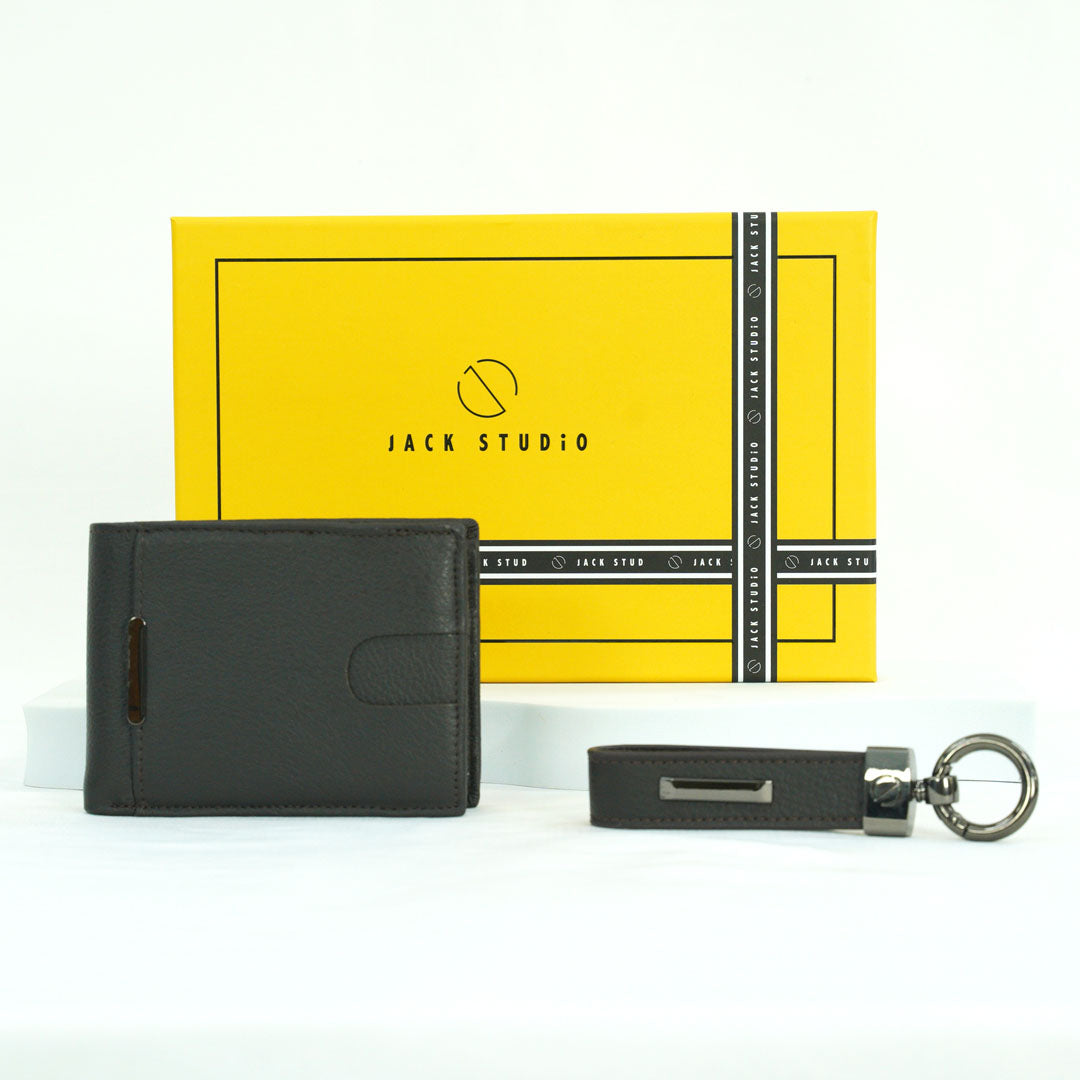 Jack Studio Genuine Cow Leather Men’s Duo Name Engraving Gift Set Box Wallet with Keychain - JS Royal Set 3