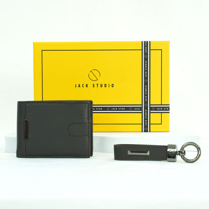 Jack Studio Genuine Cow Leather Men’s Duo Name Engraving Gift Set Box Wallet with Keychain - JS Royal Set 3
