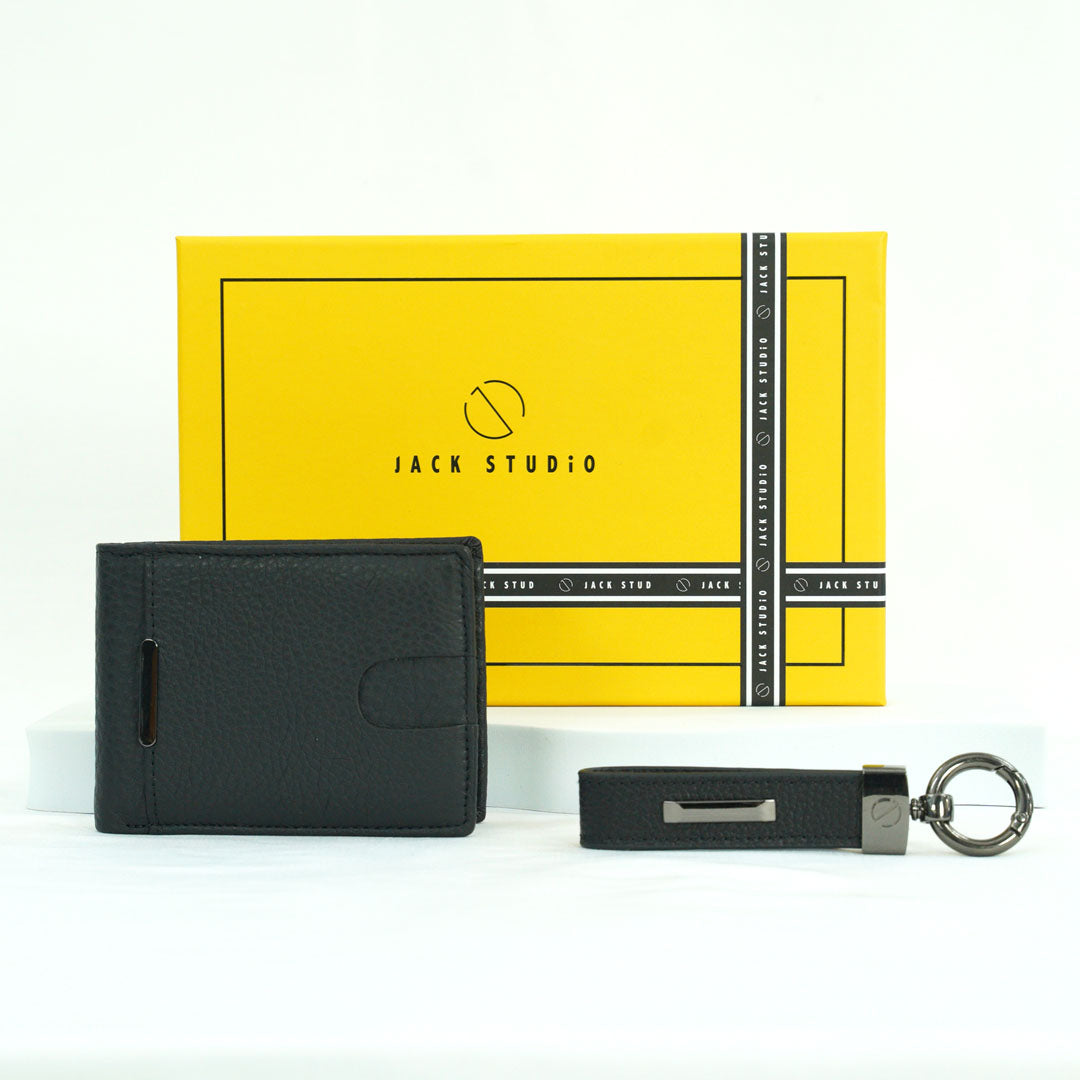 Jack Studio Genuine Cow Leather Men’s Duo Name Engraving Gift Set Box Wallet with Keychain - JS Royal Set 3