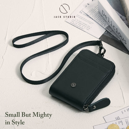 Jack Studio Genuine Cow Leather Card Holder with Round Zipper ID Card Holder Lanyard - JWB 30854