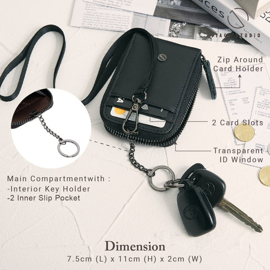 Jack Studio Genuine Cow Leather Card Holder with Round Zipper ID Card Holder Lanyard - JWB 30854
