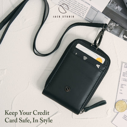 Jack Studio Genuine Cow Leather Card Holder with Round Zipper ID Card Holder Lanyard - JWB 30854