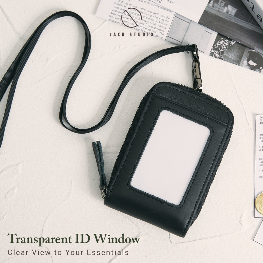 Jack Studio Genuine Cow Leather Card Holder with Round Zipper ID Card Holder Lanyard - JWB 30854