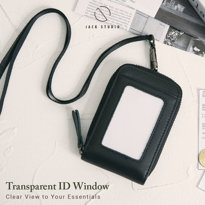 Jack Studio Genuine Cow Leather Card Holder with Round Zipper ID Card Holder Lanyard - JWB 30854