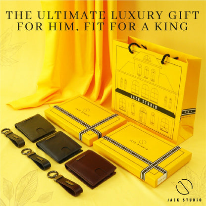Jack Studio Genuine Cow Leather Men’s Duo Name Engraving Gift Set Box Wallet with Keychain - JS Royal Set 3
