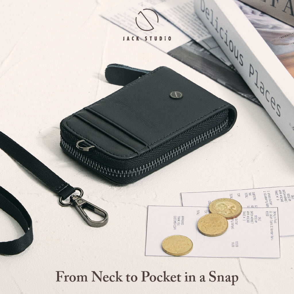 Jack Studio Genuine Cow Leather Card Holder with Round Zipper ID Card Holder Lanyard - JWB 30854