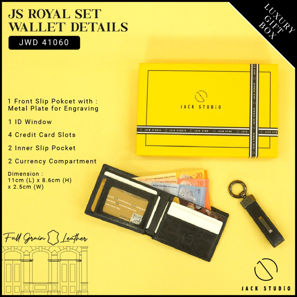 Jack Studio Genuine Cow Leather Men’s Duo Name Engraving Gift Set Box Wallet with Keychain - JS Royal Set 3