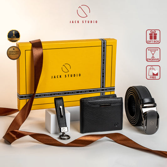 Jack Studio Signature Name Engraving Men's Gift Set Full Grain Leather Wallet & Men Belt & Keychain - JS ROYAL SET