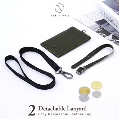 Jack Studio Genuine Engraved Name Cow Leather Card Holder ID Window with Black Lanyard Strap and Leather Tag-JWB 30855 L