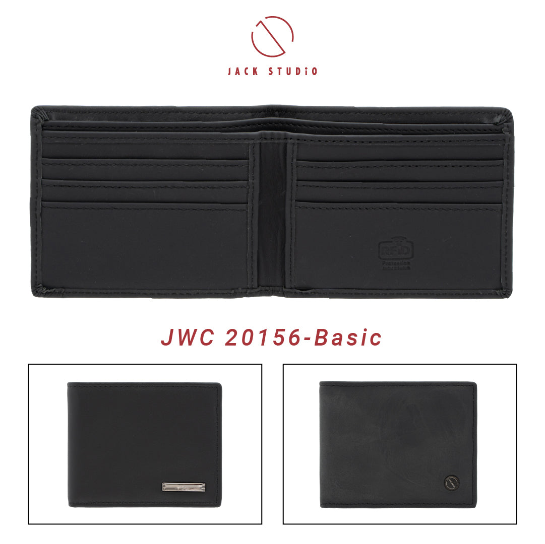 Jack Studio Men's Top Grain Leather Bi-Fold Black Wallet Free Name Engraving- 3 Patterns - JWC 20156/20157/20158 (Metal Box Packaging)