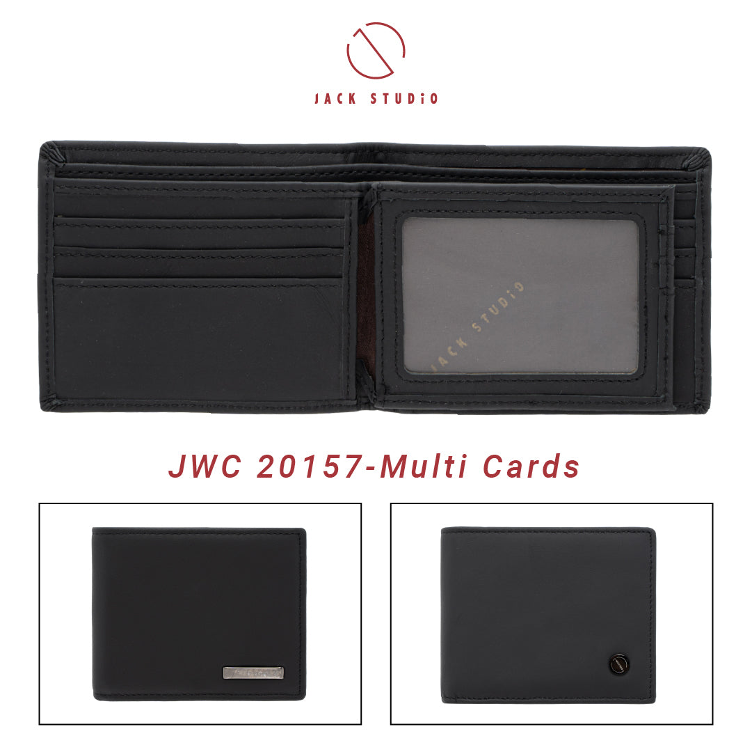 Jack Studio Men's Top Grain Leather Bi-Fold Black Wallet Free Name Engraving- 3 Patterns - JWC 20156/20157/20158 (Metal Box Packaging) - Jack Studio Marketing Sdn Bhd
