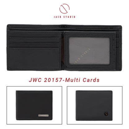 Jack Studio Men's Top Grain Leather Bi-Fold Black Wallet Free Name Engraving- 3 Patterns - JWC 20156/20157/20158 (Metal Box Packaging)