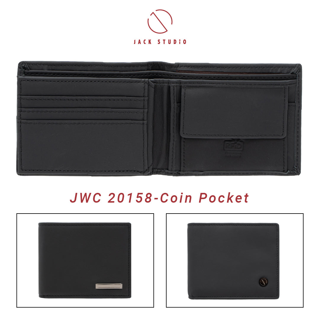 Jack Studio Men's Top Grain Leather Bi-Fold Black Wallet Free Name Engraving- 3 Patterns - JWC 20156/20157/20158 (Metal Box Packaging)