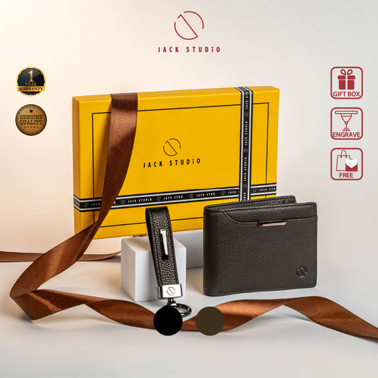 Jack Studio Exclusive Name Engraving Men's Gift Set Full Grain Leather Wallet & Keychain 2 Colors - JS ROYAL SET 2