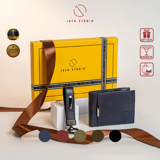 Jack Studio Genuine Cow Leather Men’s Duo Name Engraving Gift Set Box Wallet with Keychain - JS Royal Set 3