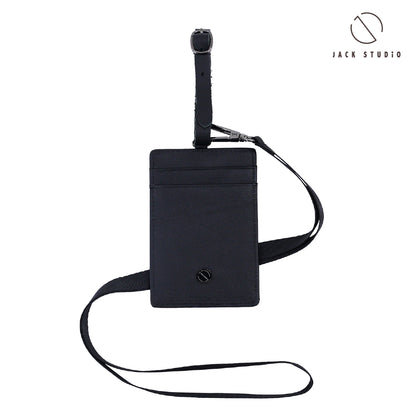 Jack Studio Genuine Engraved Name Cow Leather Card Holder ID Window with Black Lanyard Strap and Leather Tag-JWB 30855 L