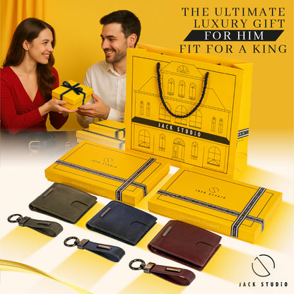 Jack Studio Genuine Cow Leather Men’s Duo Name Engraving Gift Set Box Wallet with Keychain - JS Royal Set 3