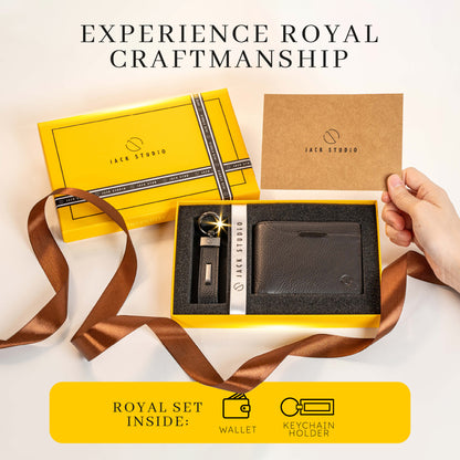 Jack Studio Exclusive Name Engraving Men's Gift Set Full Grain Leather Wallet & Keychain 2 Colors - JS ROYAL SET 2