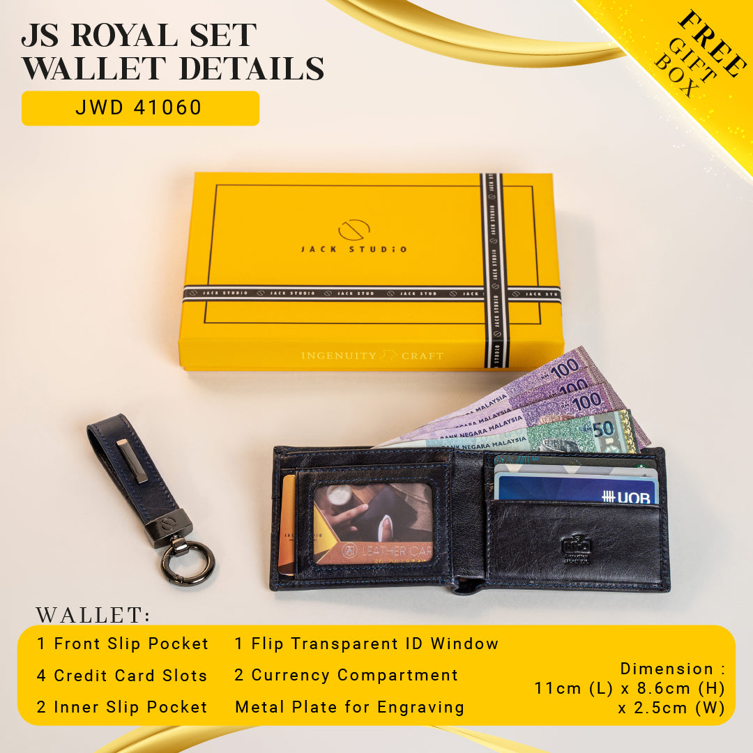 Jack Studio Genuine Cow Leather Men’s Duo Name Engraving Gift Set Box Wallet with Keychain - JS Royal Set 3