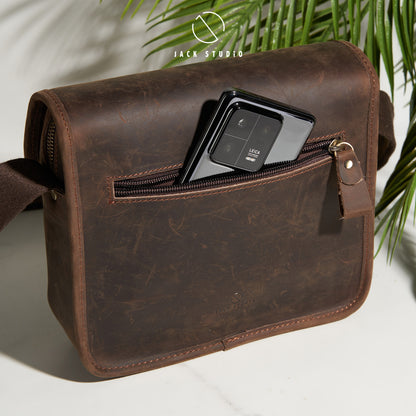 Jack Studio Full Grain Crazy Horse Leather Casual Sling Crossbody Bag With Leather Pouch - BAC 30836
