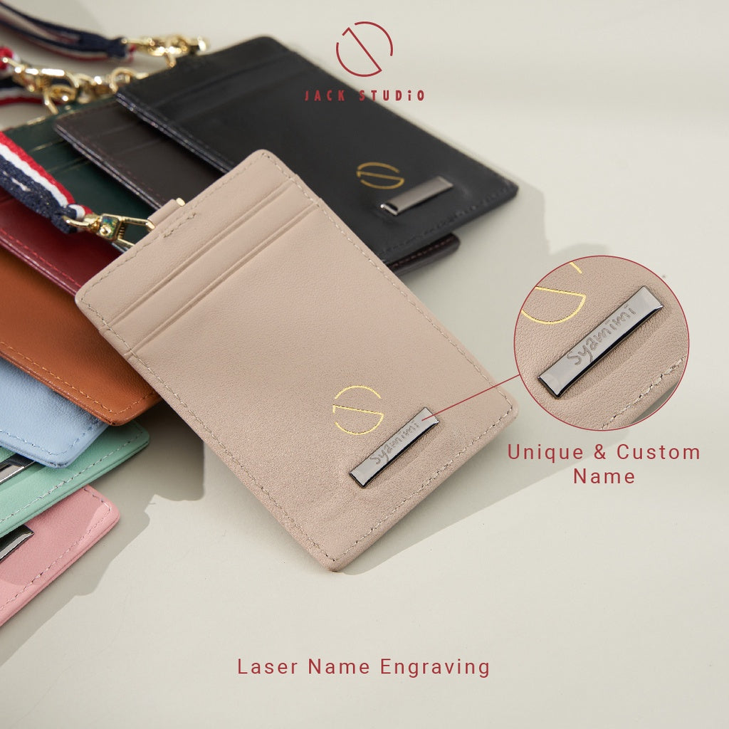 Jack Studio Cow Leather Name Tag Card Holder With Lanyard