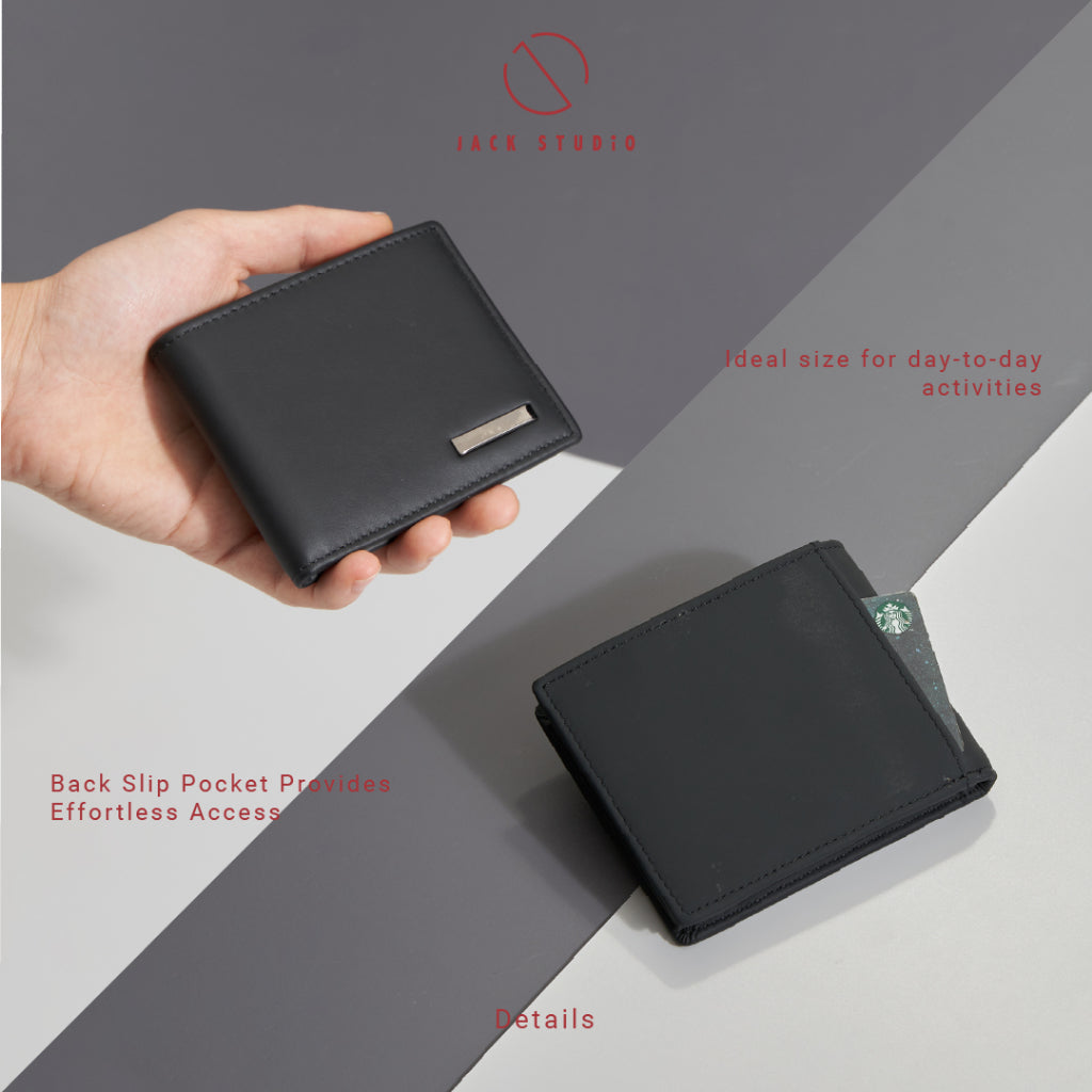 Jack Studio Men's Top Grain Leather Bi-Fold Black Wallet Free Name Engraving- 3 Patterns - JWC 20156/20157/20158 (Metal Box Packaging) - Jack Studio Marketing Sdn Bhd
