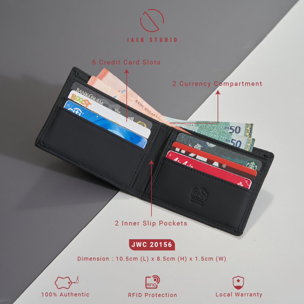 Jack Studio Men's Top Grain Leather Bi-Fold Black Wallet Free Name Engraving- 3 Patterns - JWC 20156/20157/20158 (Metal Box Packaging) - Jack Studio Marketing Sdn Bhd