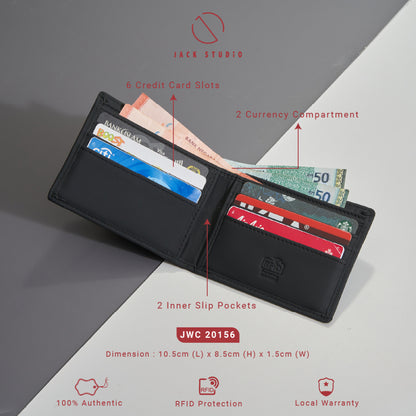 Jack Studio Men's Top Grain Leather Bi-Fold Black Wallet Free Name Engraving- 3 Patterns - JWC 20156/20157/20158 (Metal Box Packaging) - Jack Studio Marketing Sdn Bhd