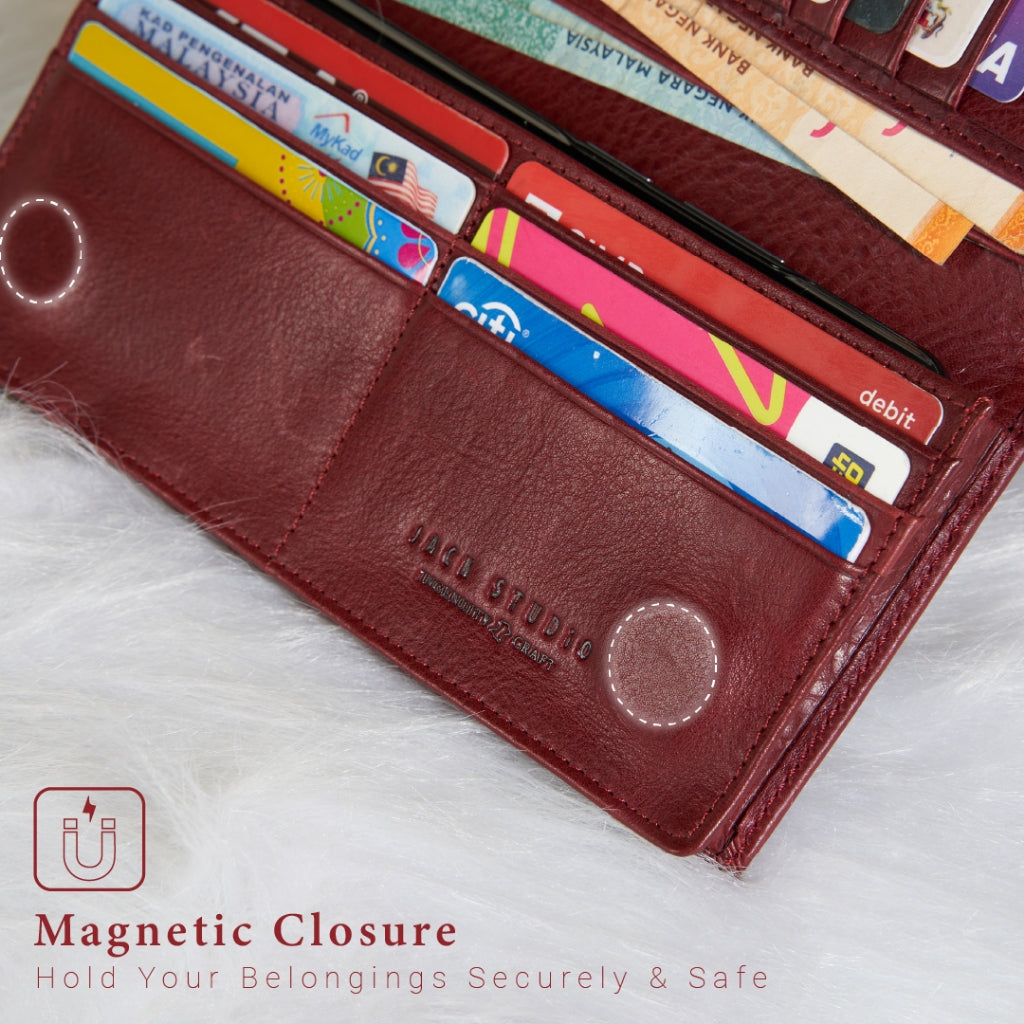 Jack Studio Vegetable Tanned Cow Leather Magnetic Closure Bifold Long Wallet - JWC 30863 - Jack Studio Marketing Sdn Bhd