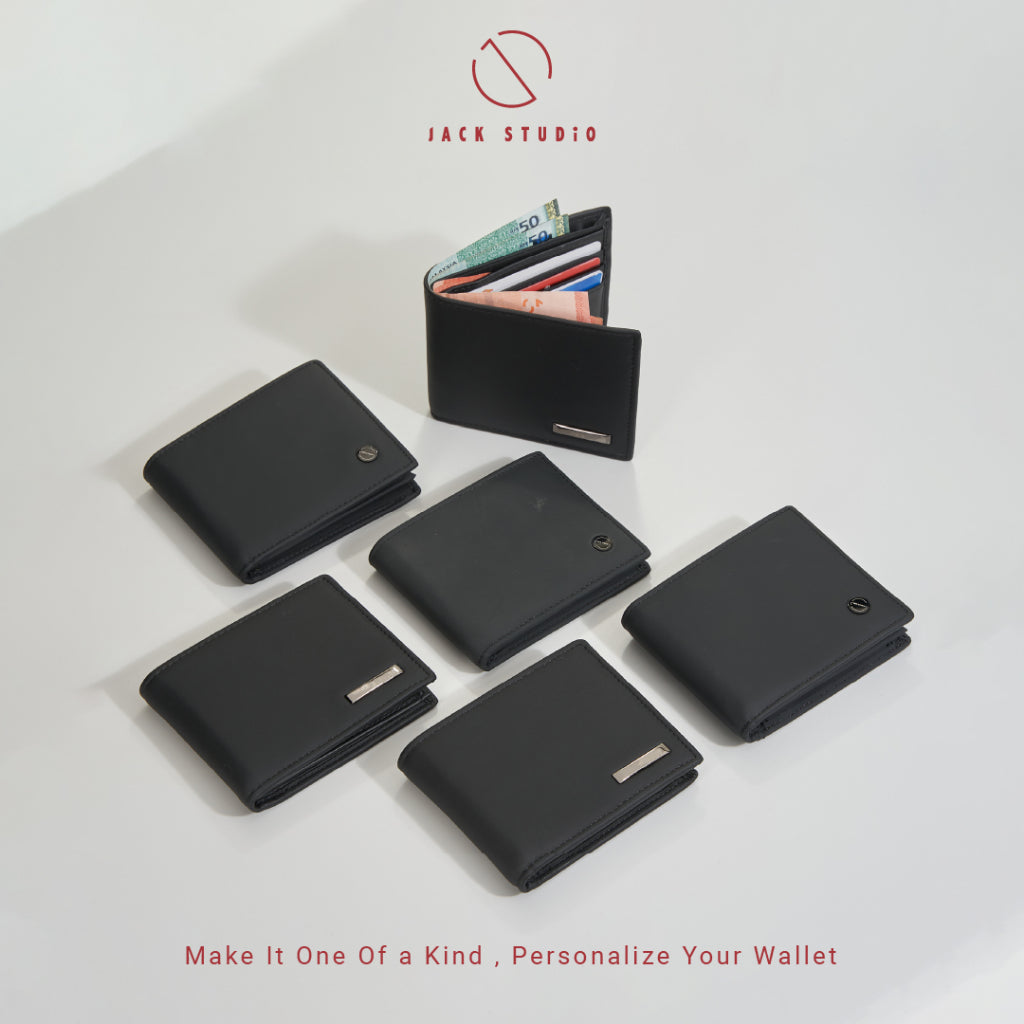 Jack Studio Men's Top Grain Leather Bi-Fold Black Wallet Free Name Engraving- 3 Patterns - JWC 20156/20157/20158 (Metal Box Packaging) - Jack Studio Marketing Sdn Bhd