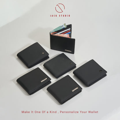 Jack Studio Men's Top Grain Leather Bi-Fold Black Wallet Free Name Engraving- 3 Patterns - JWC 20156/20157/20158 (Metal Box Packaging) - Jack Studio Marketing Sdn Bhd