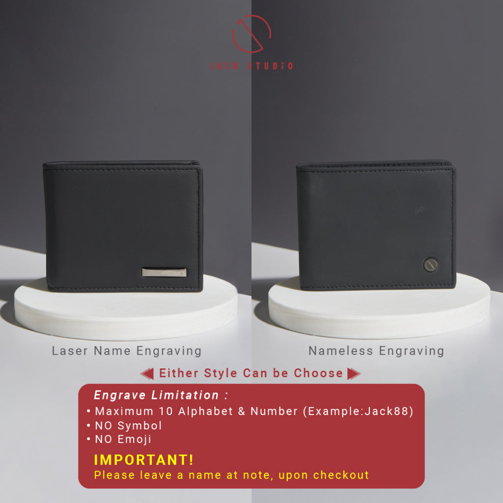 Jack Studio Men's Top Grain Leather Bi-Fold Black Wallet Free Name Engraving- 3 Patterns - JWC 20156/20157/20158 (Metal Box Packaging) - Jack Studio Marketing Sdn Bhd