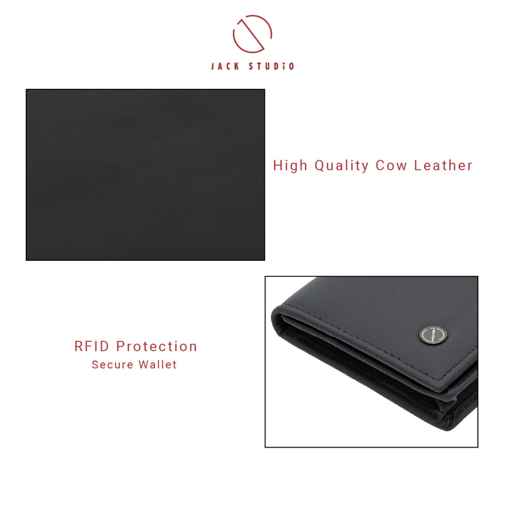 Jack Studio Men's Top Grain Leather Bi-Fold Black Wallet Free Name Engraving- 3 Patterns - JWC 20156/20157/20158 (Metal Box Packaging)